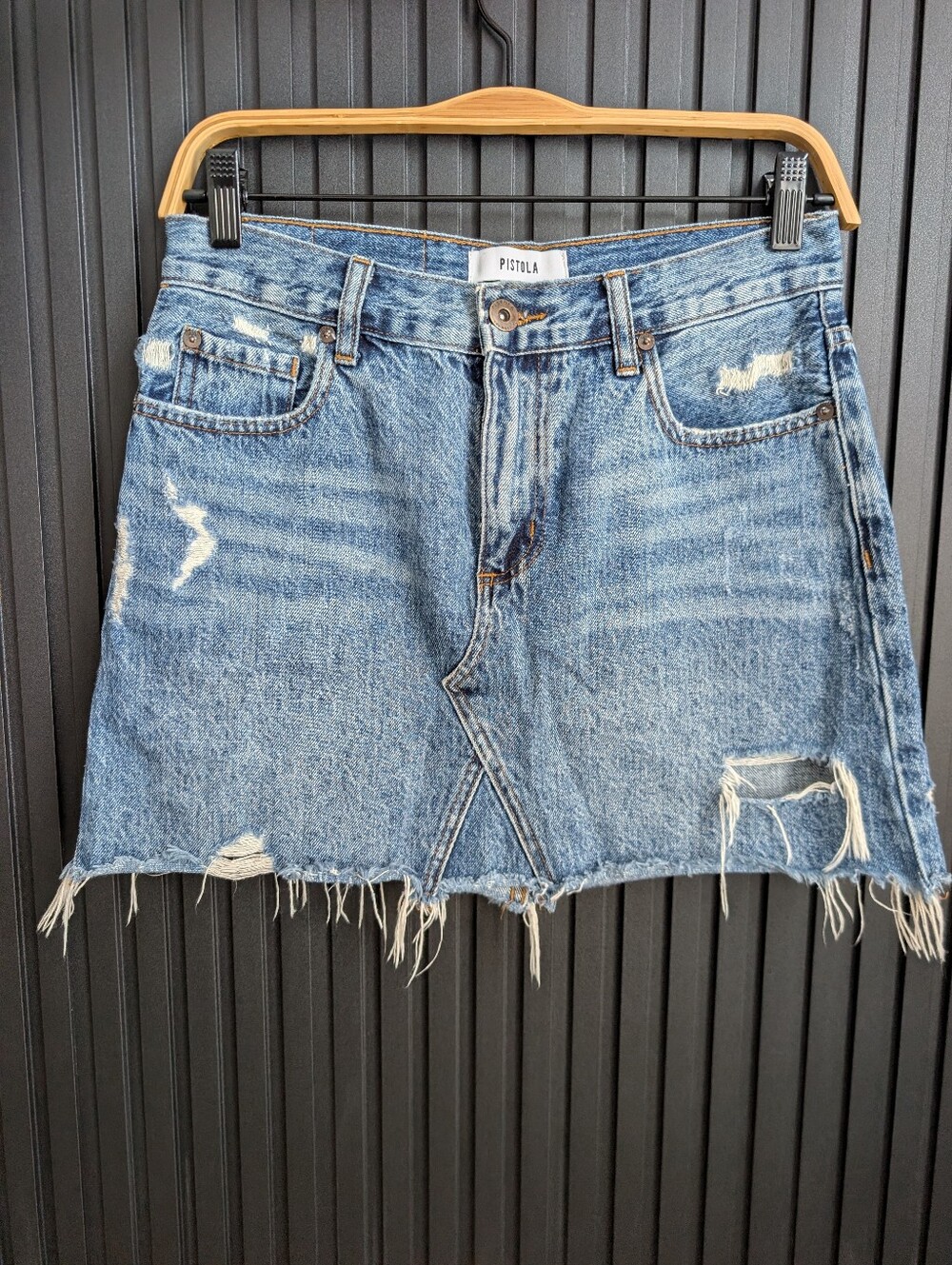 PISTOLA Distressed Denim Mini Skirt With Frayed Hem Size 25